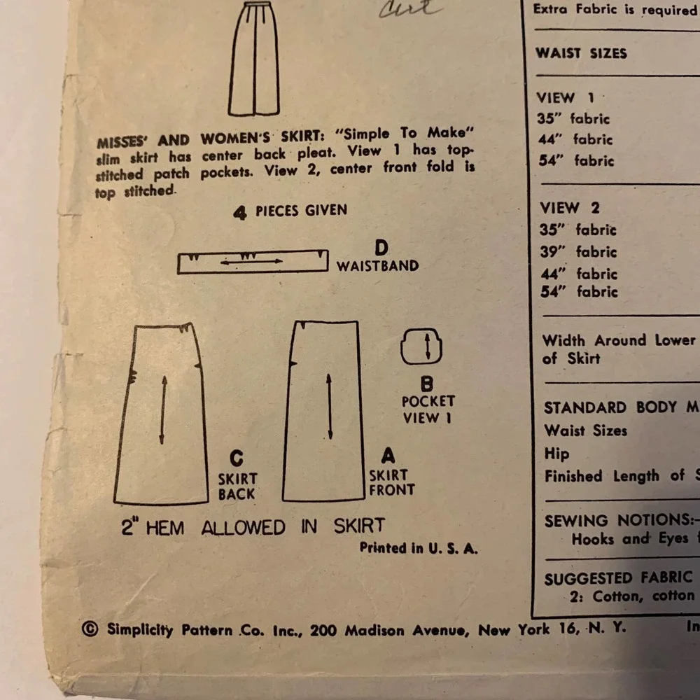 Simplicity Vintage 1950's Pattern‎ #4491 Women's Skirts